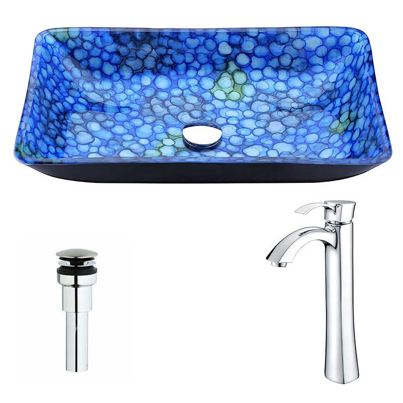 Anzzi Assai Series Deco-Glass Vessel Sink in Lustrous Blue with Harmony Faucet in Polished Chrome