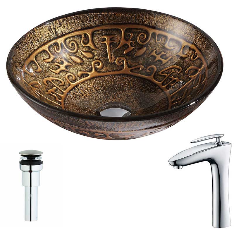 Anzzi Alto Series Deco-Glass Vessel Sink in Lustrous Brown with Crown Faucet in Chrome