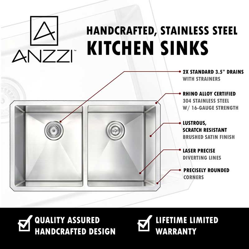 Anzzi VANGUARD Series 32 in. Under Mount 50/50 Dual Basin Handmade Stainless Steel Kitchen Sink 6