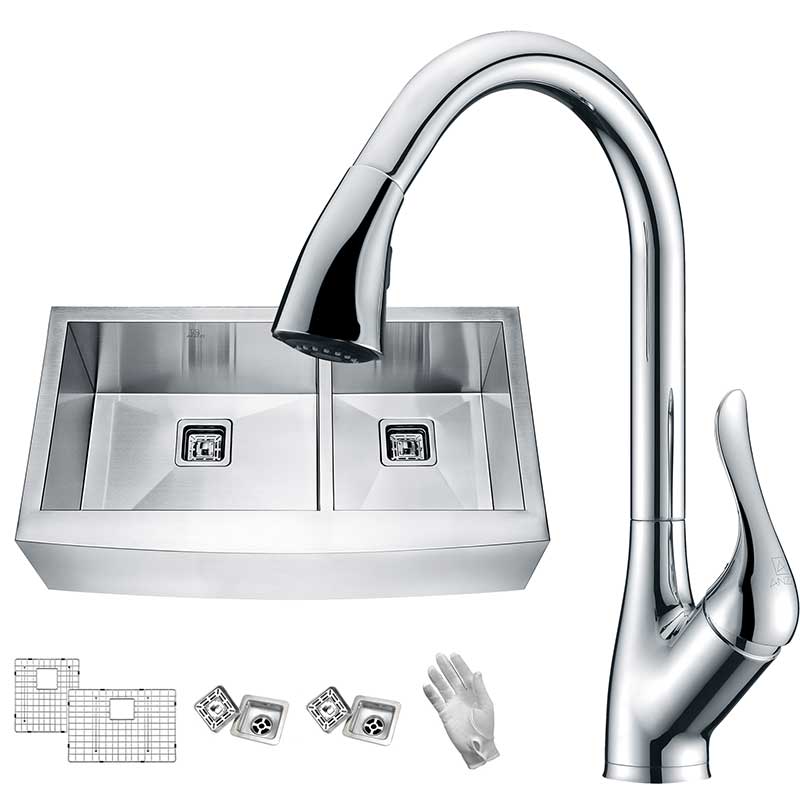 Anzzi Elysian Farmhouse 36 in. 60/40 Double Bowl Kitchen Sink with Faucet in Polished Chrome KAZ36203AS-031
