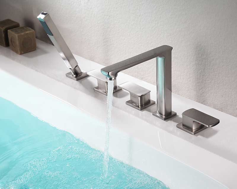 Anzzi Shore 3-Handle Deck-Mount Roman Tub Faucet with Handheld Sprayer in Brushed Nickel FR-AZ102BN 7