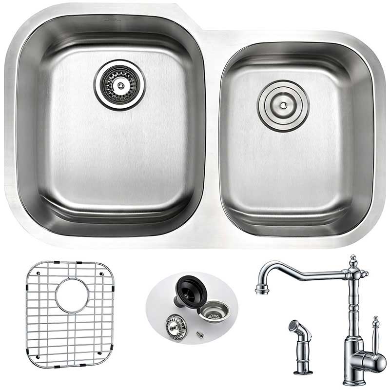 Anzzi MOORE Undermount Stainless Steel 32 in. Double Bowl Kitchen Sink and Faucet Set with Locke Faucet in Polished Chrome