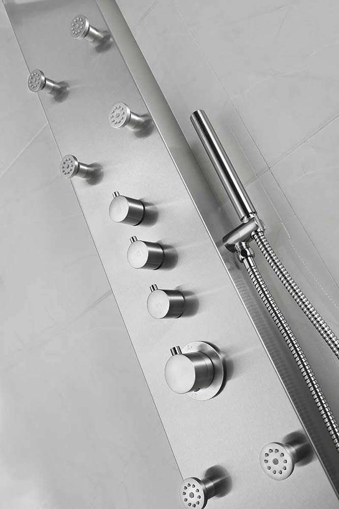 Anzzi Fontan 64 in. 6-Jetted Full Body Shower Panel with Heavy Rain Shower and Spray Wand in Brushed Steel SP-AZ026 14