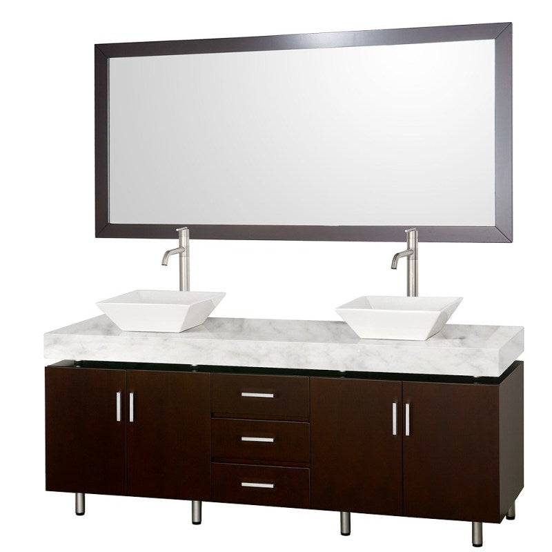 Wyndham Collection Malibu 72" Double Bathroom Vanity Set - Espresso Finish with White Carrera Marble Counter and Handles WC-CG3000H-72-ESP-WHTCAR