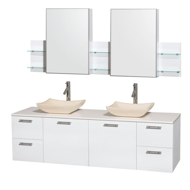 Wyndham Collection Amare 72" Wall-Mounted Double Bathroom Vanity Set with Vessel Sinks - Glossy White WC-R4100-72-WHT-DBL 4