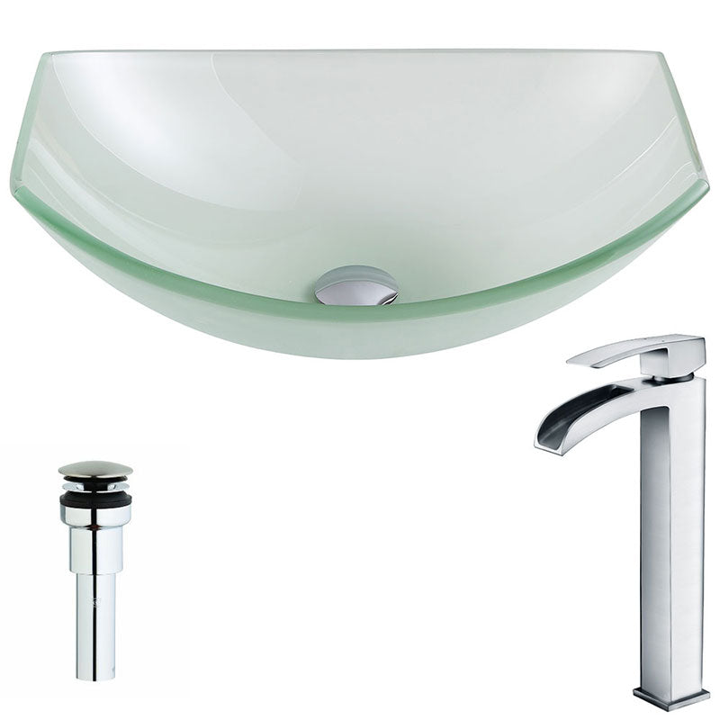 Anzzi Pendant Series Deco-Glass Vessel Sink in Lustrous Frosted with Key Faucet in Polished Chrome