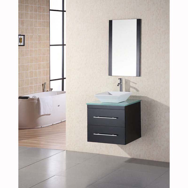 Design Element Portland 24" Single Sink - Wall Mount Vanity Set in Espresso w/ Glass Top