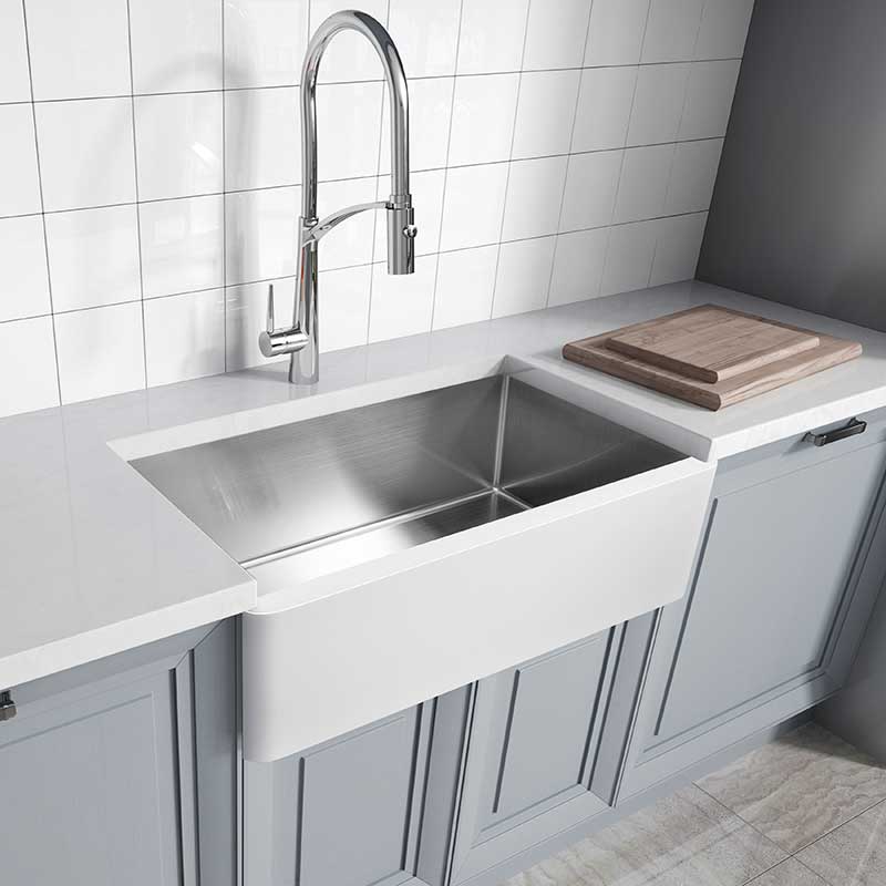 Anzzi Apollo Series Farmhouse Solid Surface 36 in. 0-Hole Single Bowl Kitchen Sink with Stainless Steel Interior in Matte White K-AZ271-A1 4