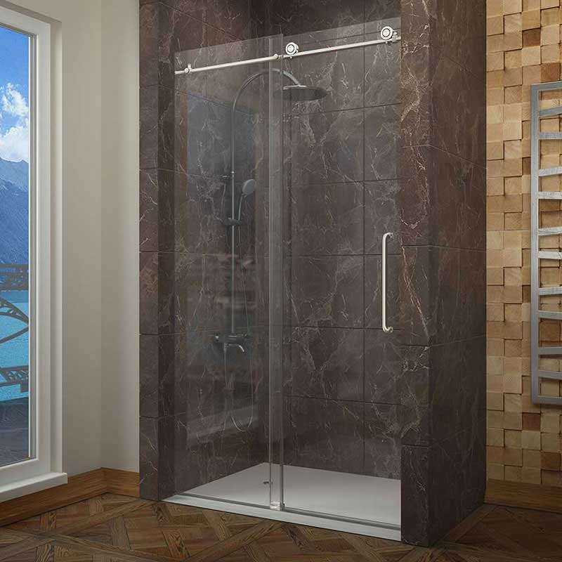 Anzzi MADAM Series 48 in. by 76 in. Frameless Sliding shower door in Brushed Nickel with Handle