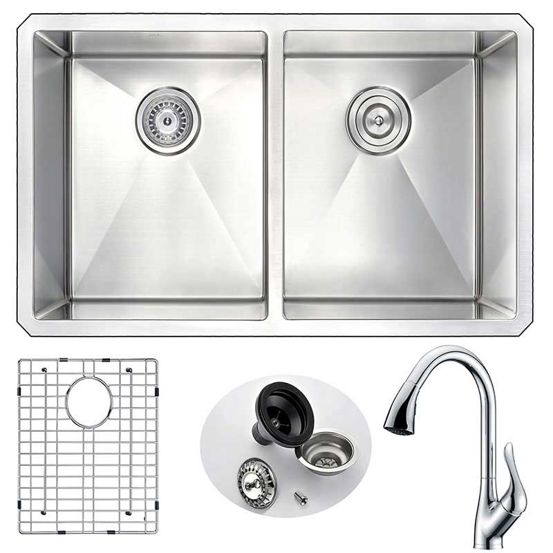 Anzzi VANGUARD Undermount Stainless Steel 32 in. Double Bowl Kitchen Sink and Faucet Set with Accent Faucet in Polished Chrome