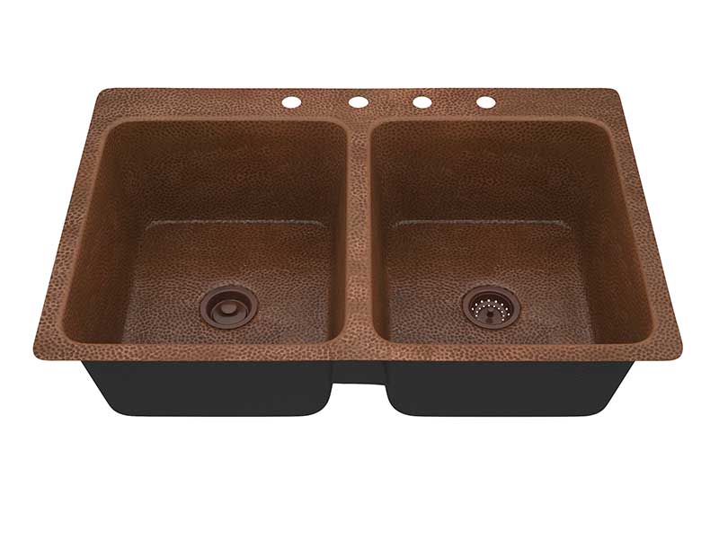 Anzzi Shore Drop-in Handmade Copper 33 in. 4-Hole 50/50 Double Bowl Kitchen Sink in Hammered Antique Copper K-AZ265