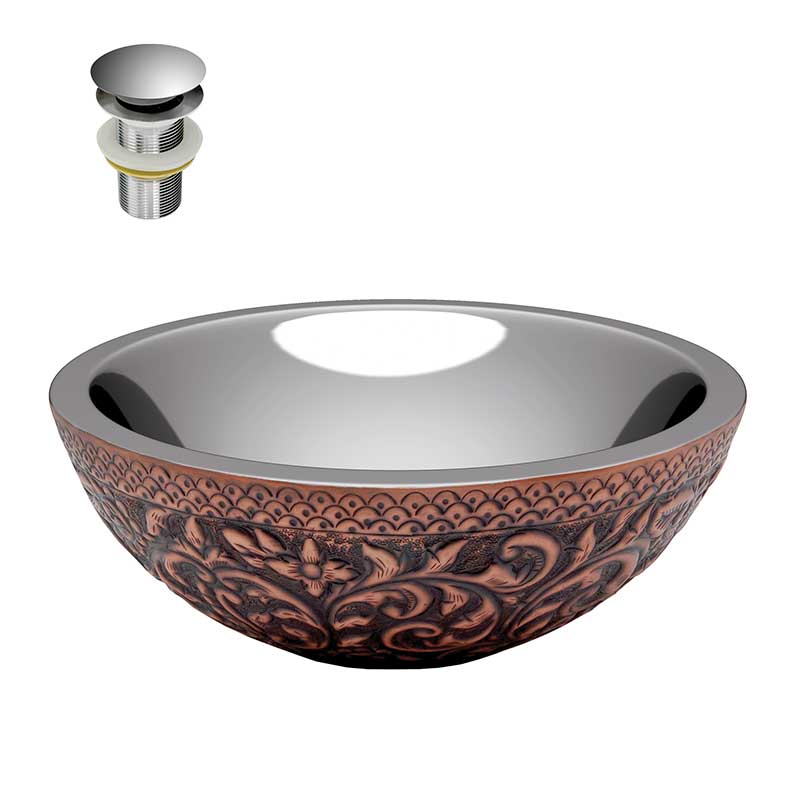 Anzzi Crete 14 in. Handmade Vessel Sink in Polished Antique Copper with Nickel Interior and Floral Design Exterior BS-012