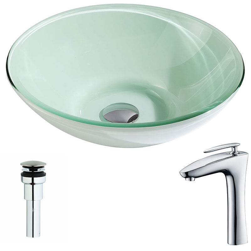 Anzzi Sonata Series Deco-Glass Vessel Sink in Lustrous Light Green Finish with Crown Faucet in Chrome