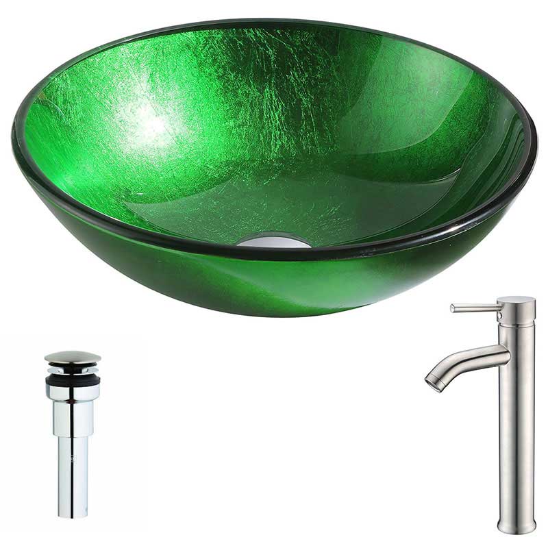 Anzzi Melody Series Deco-Glass Vessel Sink in Lustrous Green with Fann Faucet in Brushed Nickel