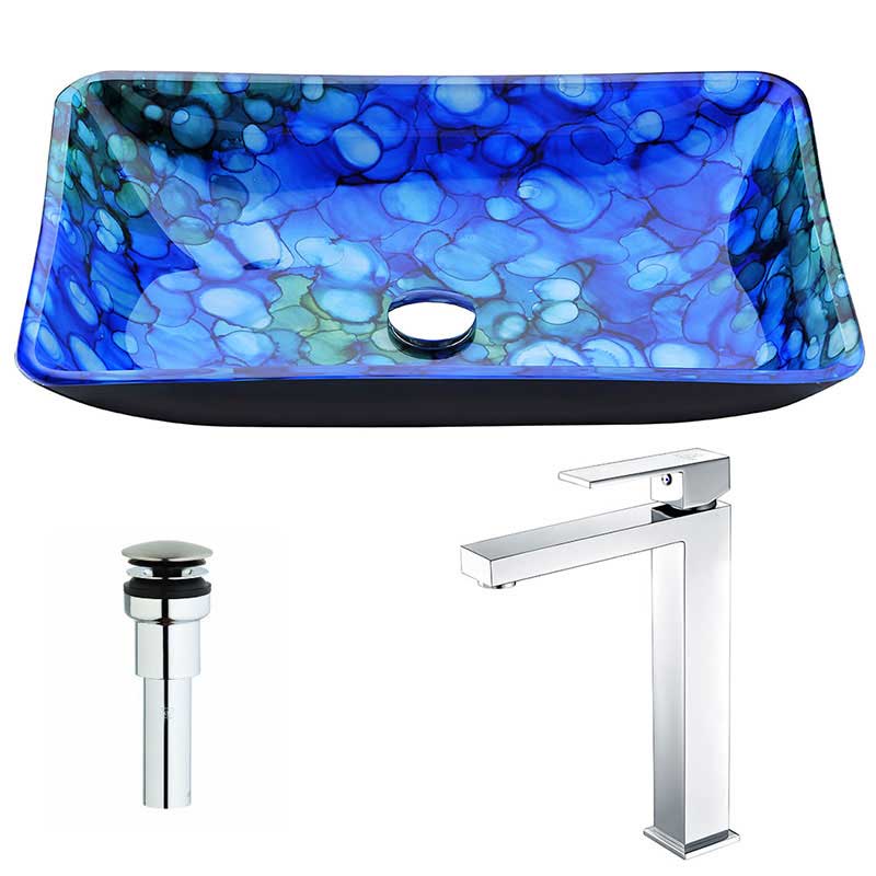 Anzzi Voce Series Deco-Glass Vessel Sink in Lustrous Blue with Enti Faucet in Chrome