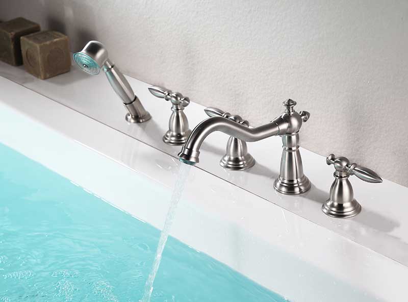 Anzzi Patriarch 2-Handle Deck-Mount Roman Tub Faucet with Handheld Sprayer in Brushed Nickel FR-AZ091BN 9