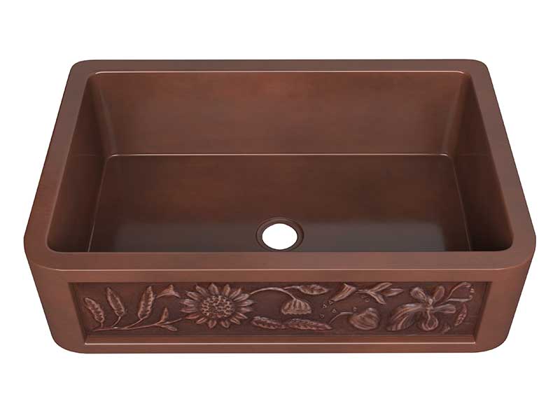 Anzzi Anatolian Farmhouse Handmade Copper 33 in. 0-Hole Single Bowl Kitchen Sink with Sunflower Design Panel in Polished Antique Copper SK-012 7