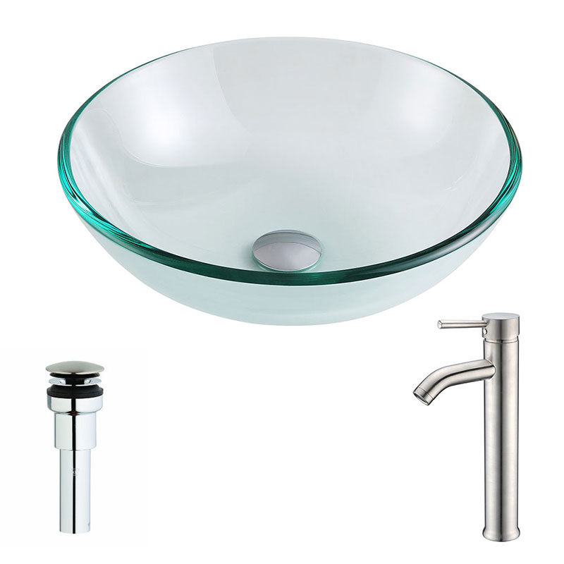 Anzzi Etude Series Deco-Glass Vessel Sink in Lustrous Clear with Fann Faucet in Brushed Nickel