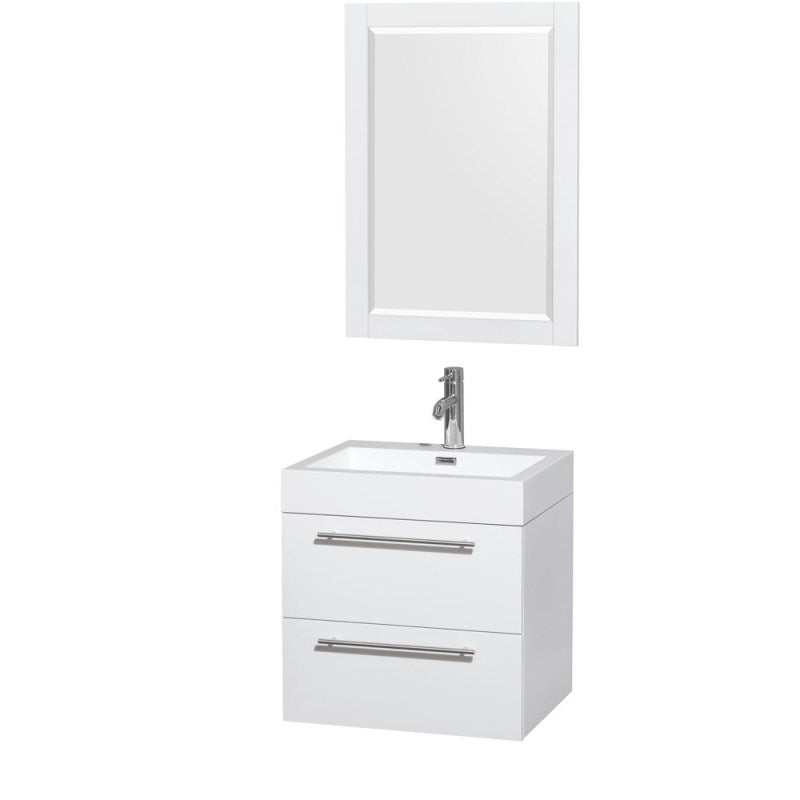 Wyndham Collection Amare 24" Single Bathroom Vanity in Glossy White, Acrylic Resin Countertop, Integrated Sink, and 24" Mirror WCR410024SGWARINTM24