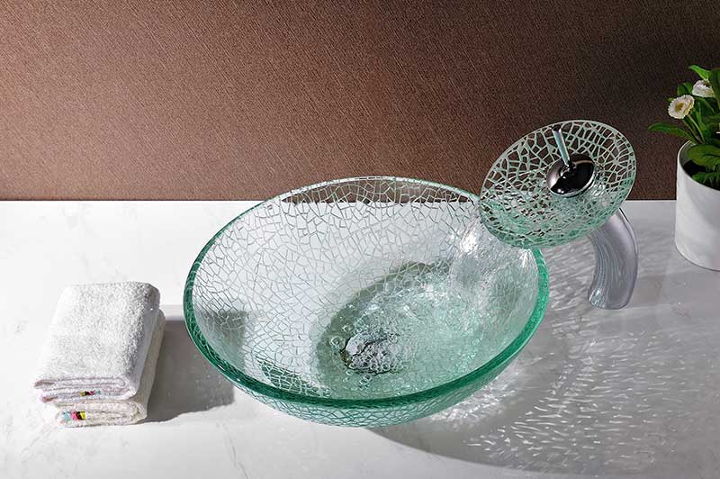 Anzzi Paeva Series Deco-Glass Vessel Sink in Crystal Clear Chipasi with Matching Chrome Waterfall Faucet LS-AZ8112 6