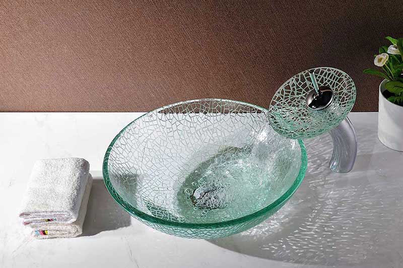 Anzzi Choir Series Deco-Glass Vessel Sink in Crystal Clear Mosaic with Matching Chrome Waterfall Faucet 6