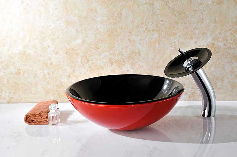 Anzzi Chord Series Deco-Glass Vessel Sink in Lustrous Black and Red with Matching Chrome Waterfall Faucet 4