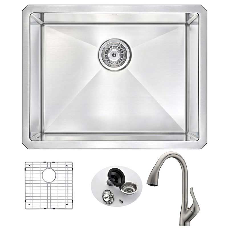 Anzzi VANGUARD Undermount Stainless Steel 23 in. Single Bowl Kitchen Sink and Faucet Set with Accent Faucet in Brushed Nickel
