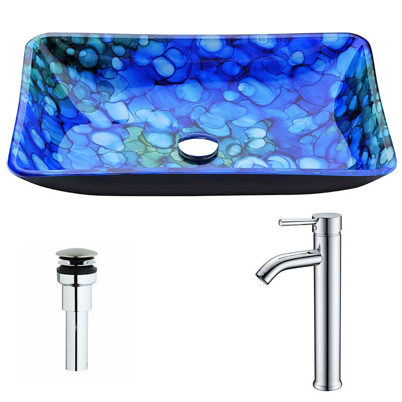 Anzzi Voce Series Deco-Glass Vessel Sink in Lustrous Blue with Fann Faucet in Chrome
