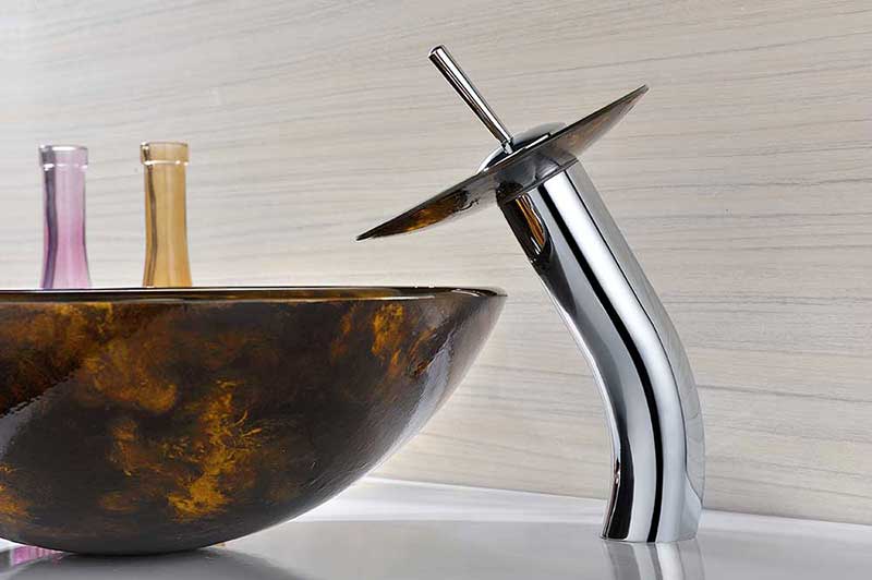 Anzzi Timbre Series Deco-Glass Vessel Sink in Kindled Amber with Matching Chrome Waterfall Faucet 6