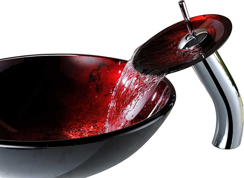 Anzzi Marumba Deco-Glass Vessel Sink in Tempered Red and Black with Matching Chrome Waterfall Faucet LS-AZ8089 11