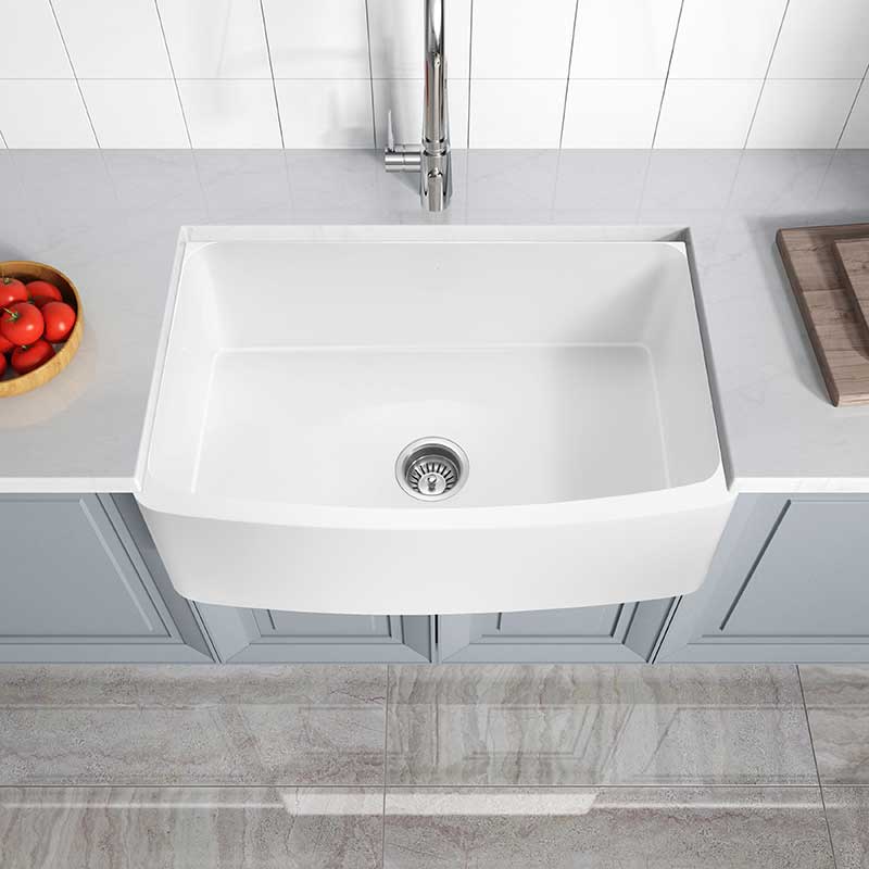Anzzi Mesa Series Farmhouse Solid Surface 33 in. 0-Hole Single Bowl Kitchen Sink with 1 Strainer in Matte White K-AZ272-A1 5