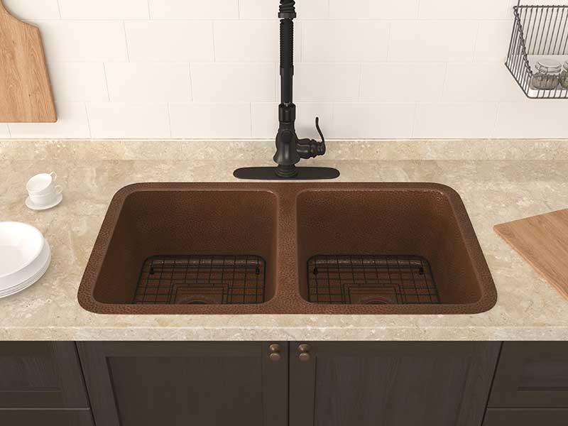 Anzzi Demonte Drop-in Handmade Copper 32 in. 0-Hole 50/50 Double Bowl Kitchen Sink in Hammered Antique Copper K-AZ268 4