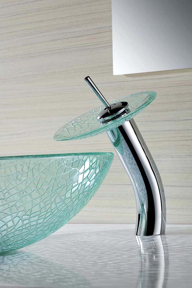 Anzzi Paeva Series Deco-Glass Vessel Sink in Crystal Clear Chipasi with Matching Chrome Waterfall Faucet LS-AZ8112 9