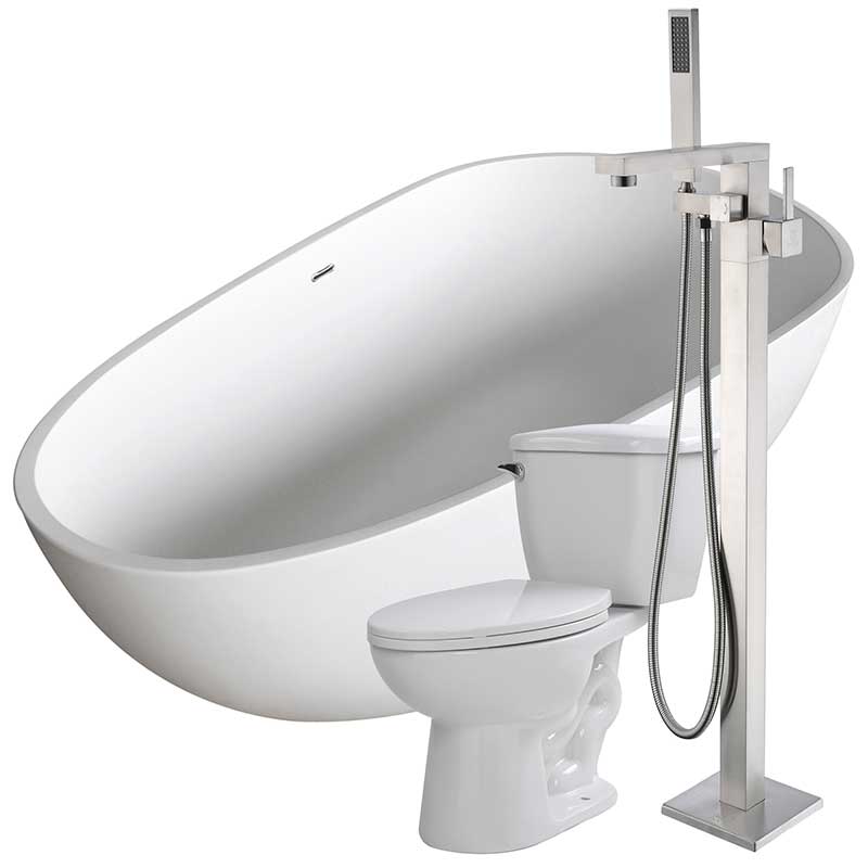 Anzzi Fiume 67 in. Solid Surface Soaking Bathtub with Khone Faucet and Kame 1.28 GPF Toilet FTAZ502-37B-55