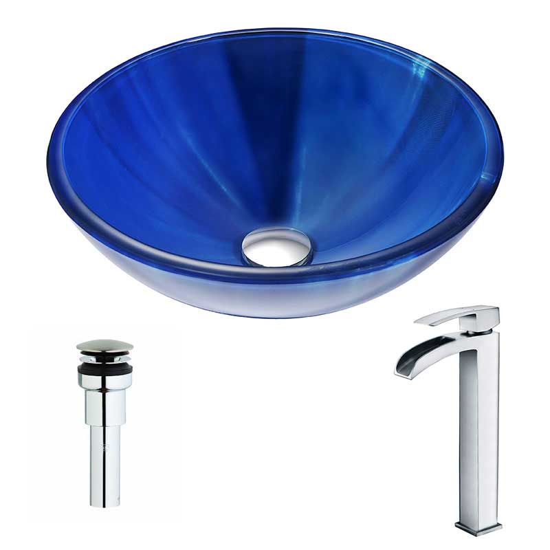 Anzzi Meno Series Deco-Glass Vessel Sink in Lustrous Blue with Key Faucet in Polished Chrome