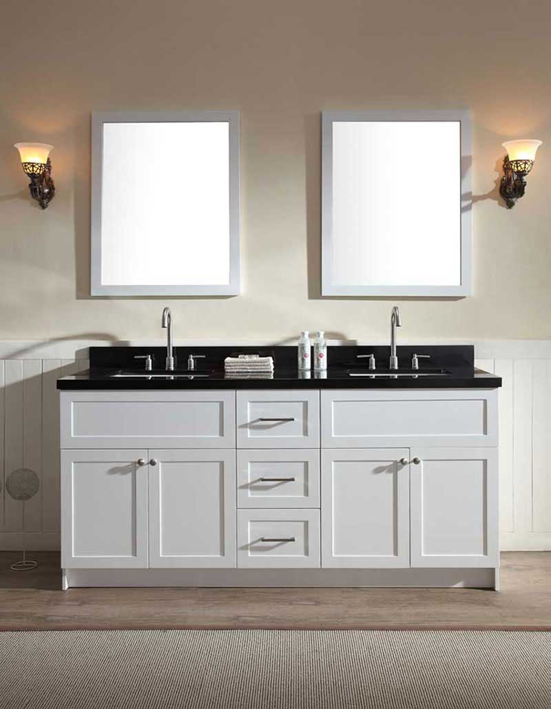 Ariel Hamlet 73" Double Sink Vanity Set with Absolute Black Granite Countertop in White