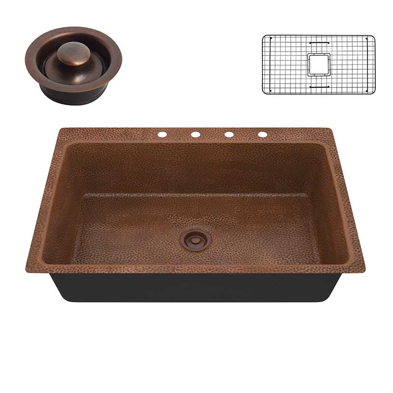 Anzzi Lydia Drop-in Handmade Copper 33 in. 4-Hole Single Bowl Kitchen Sink in Hammered Antique Copper SK-028