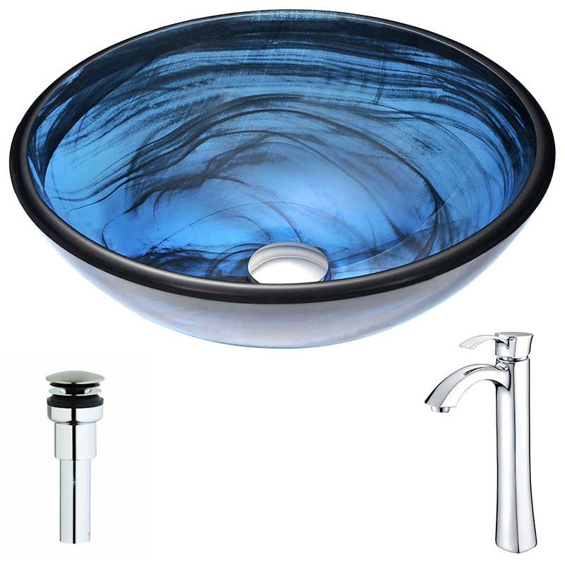 Anzzi Soave Series Deco-Glass Vessel Sink in Sapphire Wisp with Harmony Faucet in Chrome