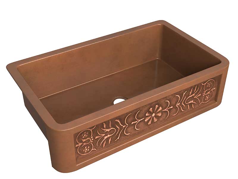 Anzzi Thracian Farmhouse Handmade Copper 36 in. 0-Hole Single Bowl Kitchen Sink with Flower Design Panel in Polished Antique Copper SK-017 5
