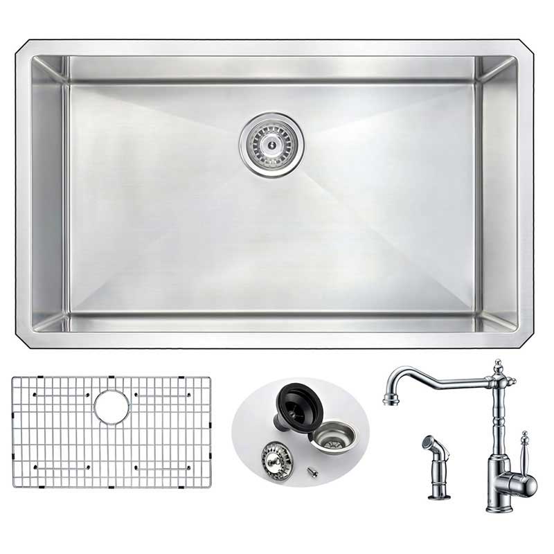 Anzzi VANGUARD Undermount Stainless Steel 32 in. 0-Hole Single Bowl Kitchen Sink with Locke Faucet in Polished Chrome