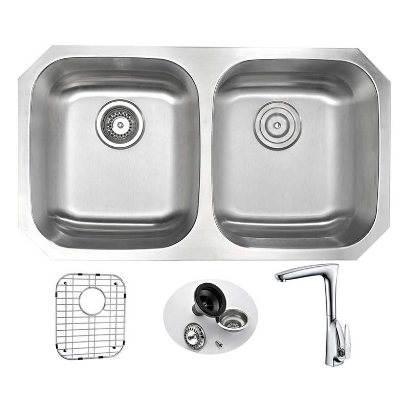 Anzzi MOORE Undermount Stainless Steel 32 in. Double Bowl Kitchen Sink and Faucet Set with Timbre Faucet in Polished Chrome