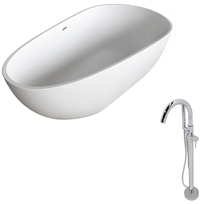 Anzzi Fiume 5.6 ft. Man-Made Stone Freestanding Non-Whirlpool Bathtub in Matte White and Kros Series Faucet in Chrome