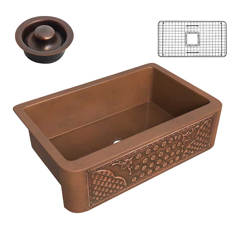 Anzzi Macedonian Farmhouse Handmade Copper 33 in. 0-Hole Single Bowl Kitchen Sink with Flower Bed Design Panel in Polished Antique Copper SK-011