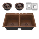 Anzzi Elen Drop-in Handmade Copper 33 in. 4-Hole 50/50 Double Bowl Kitchen Sink in Hammered Antique Copper SK-029