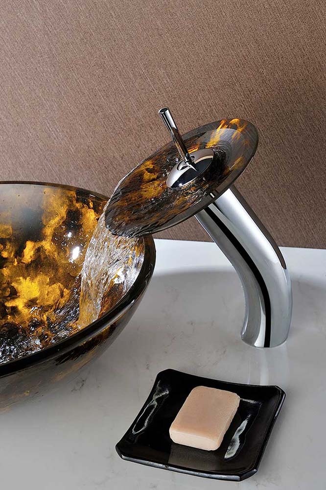Anzzi Toa Series Deco-Glass Vessel Sink in Kindled Amber with Matching Chrome Waterfall Faucet LS-AZ8102 3