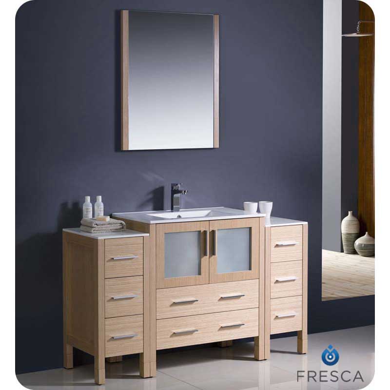 Fresca FVN62-123012LO-UNS Torino 54" Light Oak Modern Bathroom Vanity with 2 Side Cabinets & Integrated Sink
