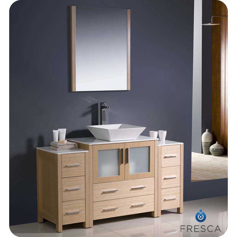 Fresca FVN62-123012LO-VSL Torino 54" Light Oak Modern Bathroom Vanity with 2 Side Cabinets & Vessel Sink