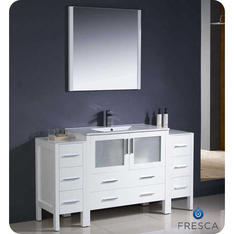 Fresca FVN62-123612WH-UNS Torino 60" White Modern Bathroom Vanity with 2 Side Cabinets & Integrated Sink