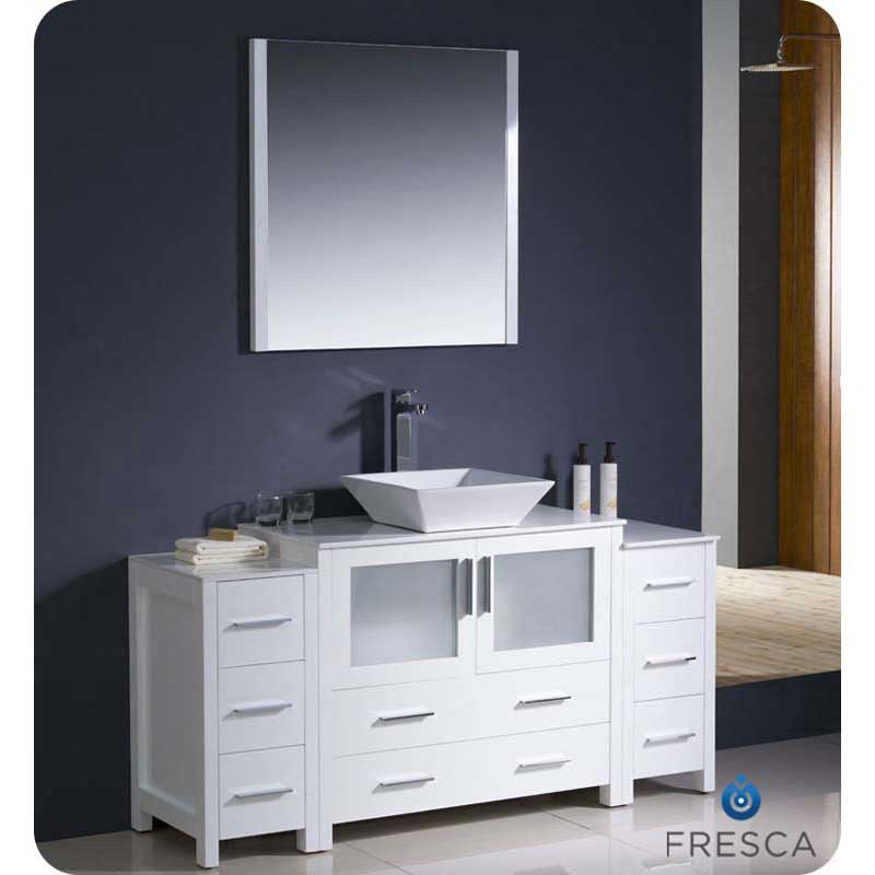 Fresca FVN62-123612WH-VSL Torino 60" White Modern Bathroom Vanity with 2 Side Cabinets & Vessel Sink