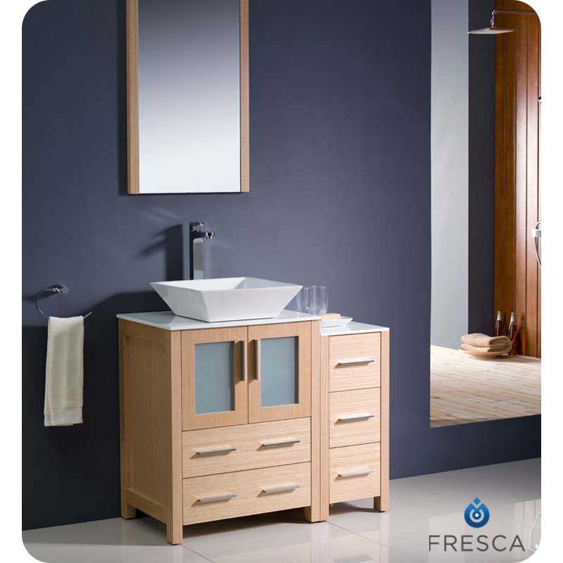 Fresca FVN62-2412LO-VSL Torino 36" Light Oak Modern Bathroom Vanity with Side Cabinet & Vessel Sink